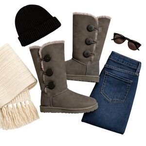 UGG Bailey Button Triplet Gray Sheepskin Suede Tall Boots Women's Size 4 + NWOT